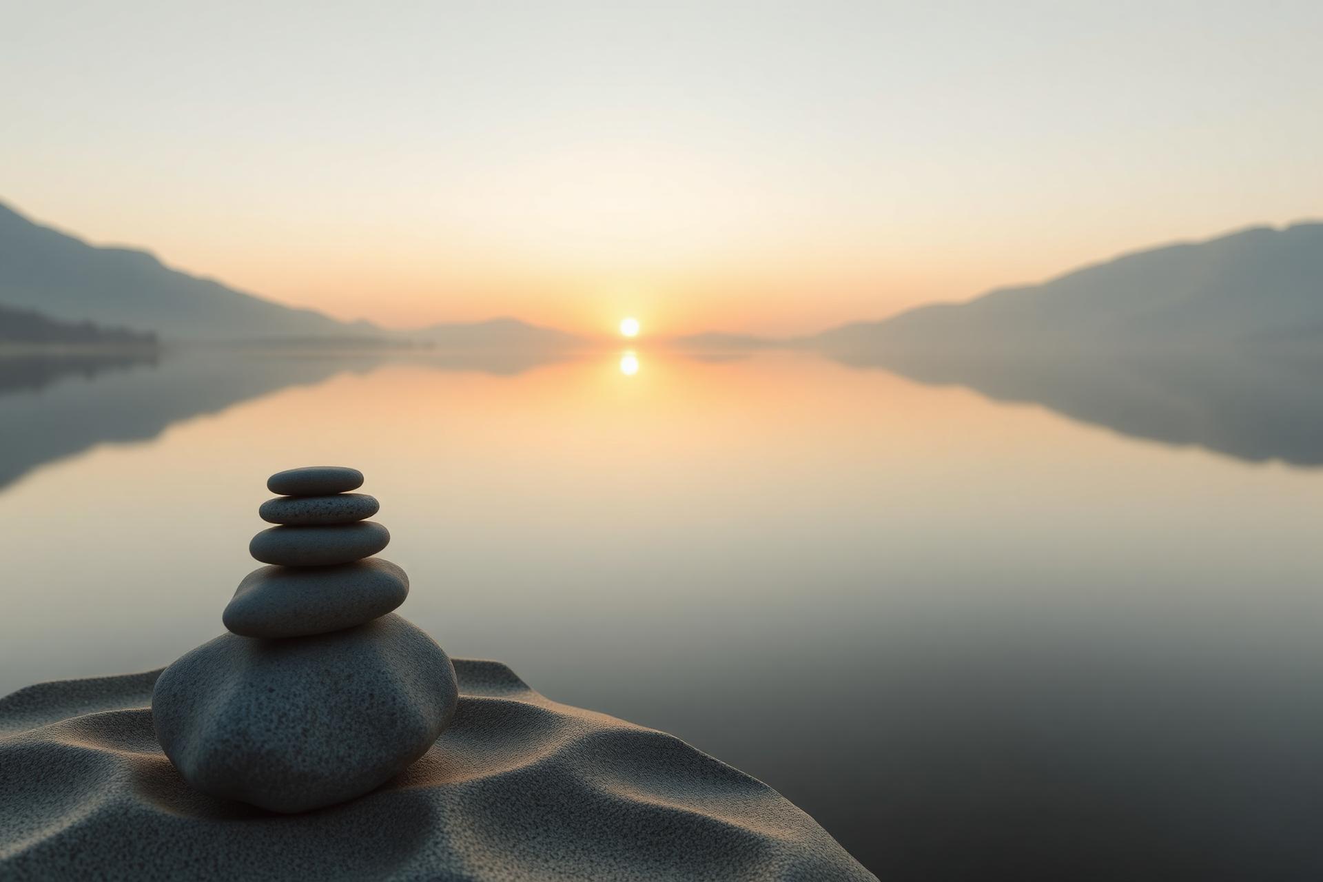 Balanced stones by a still lake at sunrise